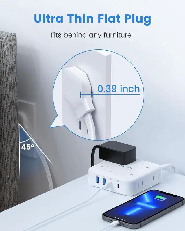 Alt view image 4 of 6 - HOPOW Flat Plug Power Strip, 5 Ft Ultra Thin Flat Extension Cord with 8 Outlets 4 USB Ports (1 USB C), 1440 J Surge Protector, Wall Mount for Office Home, White