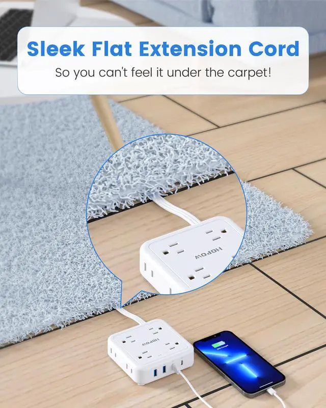 Alt view image 5 of 6 - HOPOW Flat Plug Power Strip, 5 Ft Ultra Thin Flat Extension Cord with 8 Outlets 4 USB Ports (1 USB C), 1440 J Surge Protector, Wall Mount for Office Home, White