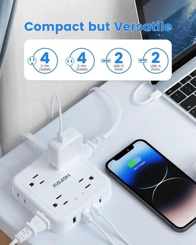 Alt view image 2 of 6 - HOPOW Flat Plug Power Strip, 5 Ft Ultra Thin Flat Extension Cord with 8 Outlets 4 USB Ports (1 USB C), 1440 J Surge Protector, Wall Mount for Office Home, White