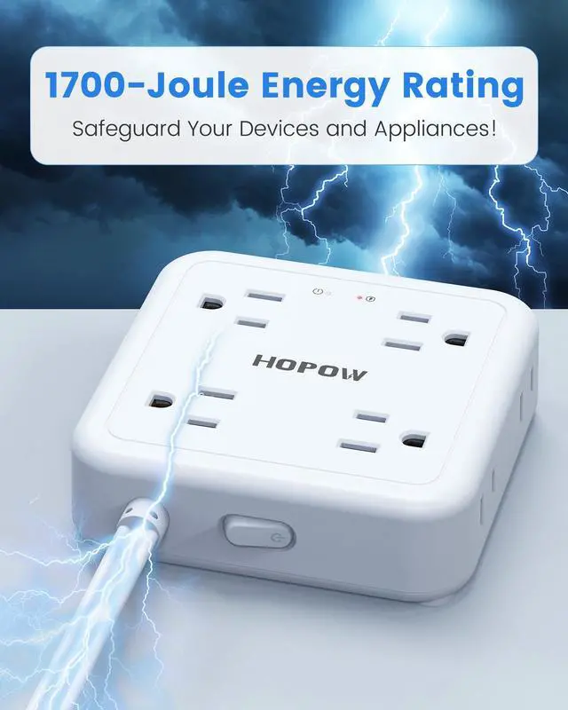 Alt view image 3 of 6 - HOPOW Flat Plug Power Strip, 5 Ft Ultra Thin Flat Extension Cord with 8 Outlets 4 USB Ports (1 USB C), 1440 J Surge Protector, Wall Mount for Office Home, White