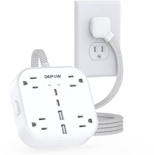 Main image of DEPOW Flat Extension Cord 5Ft, Flat Plug Power Strip with 4 Outlets 4 USB Ports (2 USB C), Multiple Wall Outlet Extender Suitable for Home Office Dorm, White