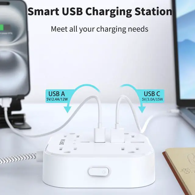 Alt view image 3 of 7 - DEPOW Flat Extension Cord 5Ft, Flat Plug Power Strip with 4 Outlets 4 USB Ports (2 USB C), Multiple Wall Outlet Extender Suitable for Home Office Dorm, White