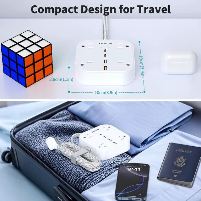 Alt view image 5 of 7 - DEPOW Flat Extension Cord 5Ft, Flat Plug Power Strip with 4 Outlets 4 USB Ports (2 USB C), Multiple Wall Outlet Extender Suitable for Home Office Dorm, White