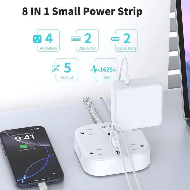 Alt view image 2 of 7 - DEPOW Flat Extension Cord 5Ft, Flat Plug Power Strip with 4 Outlets 4 USB Ports (2 USB C), Multiple Wall Outlet Extender Suitable for Home Office Dorm, White