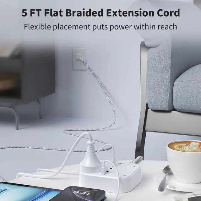 Alt view image 7 of 7 - DEPOW Flat Extension Cord 5Ft, Flat Plug Power Strip with 4 Outlets 4 USB Ports (2 USB C), Multiple Wall Outlet Extender Suitable for Home Office Dorm, White