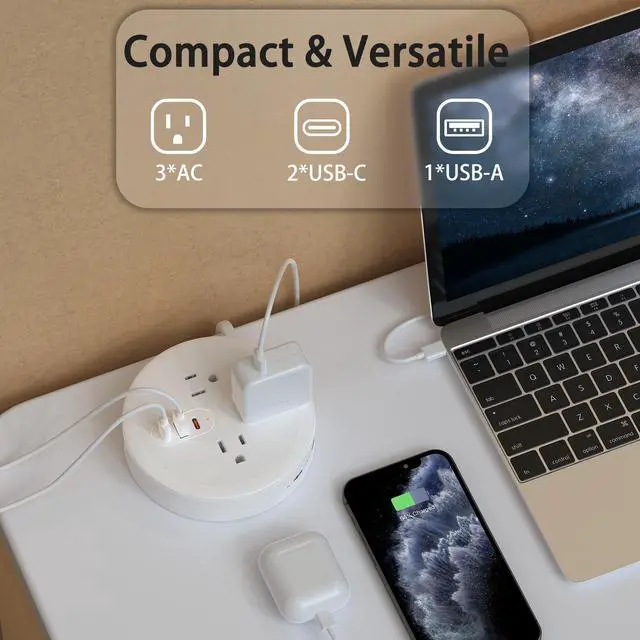 Alt view image 5 of 7 - HOPOW 2 Prong Power Strip, 2 Prong to 3 Prong Outlet Adapter,Retractable Travel Power Strip,4ft Extension Cord, 3 AC Outlets with 2 USB C Ports and 1 USB A Port, Wall Mountable, Ideal for Old House