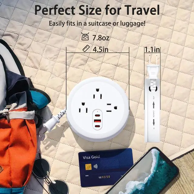 Alt view image 2 of 7 - HOPOW 2 Prong Power Strip, 2 Prong to 3 Prong Outlet Adapter,Retractable Travel Power Strip,4ft Extension Cord, 3 AC Outlets with 2 USB C Ports and 1 USB A Port, Wall Mountable, Ideal for Old House