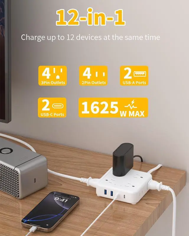 Alt view image 3 of 7 - HOPOW Flat Plug Power Strip with 15W USB C Port, 5 Ft Ultra Thin Extension Cord with 8 Outlets & 4 USBs, 1440 Joules Surge Protector, Power Delivery High-Speed Charging Station for iPhone13/12, White