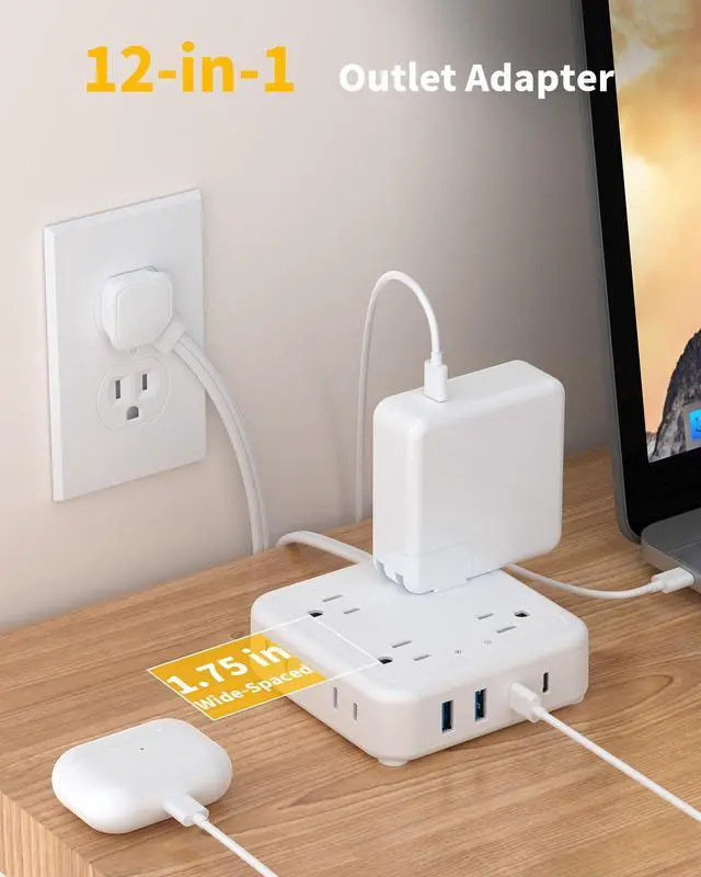 Alt view image 2 of 7 - HOPOW Flat Plug Power Strip with 15W USB C Port, 5 Ft Ultra Thin Extension Cord with 8 Outlets & 4 USBs, 1440 Joules Surge Protector, Power Delivery High-Speed Charging Station for iPhone13/12, White