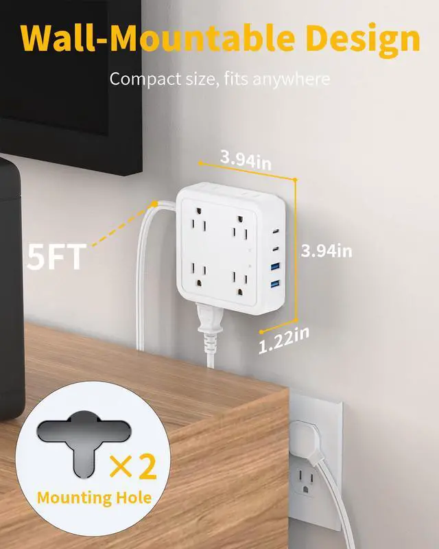 Alt view image 7 of 7 - HOPOW Flat Plug Power Strip with 15W USB C Port, 5 Ft Ultra Thin Extension Cord with 8 Outlets & 4 USBs, 1440 Joules Surge Protector, Power Delivery High-Speed Charging Station for iPhone13/12, White