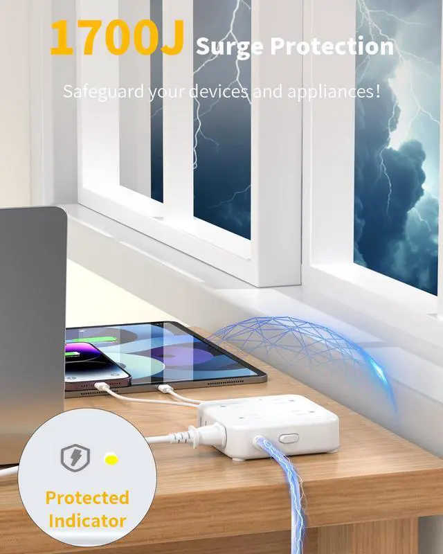 Alt view image 4 of 7 - HOPOW Flat Plug Power Strip with 15W USB C Port, 5 Ft Ultra Thin Extension Cord with 8 Outlets & 4 USBs, 1440 Joules Surge Protector, Power Delivery High-Speed Charging Station for iPhone13/12, White