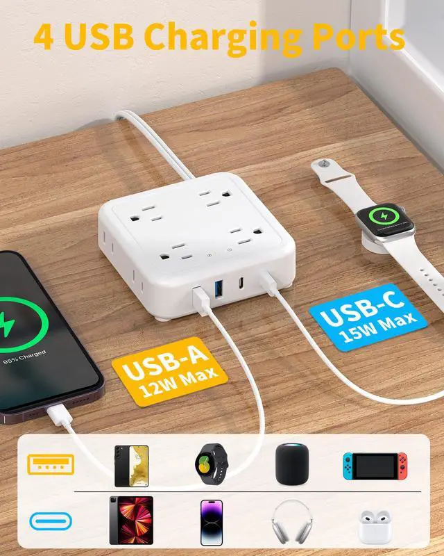 Alt view image 6 of 7 - HOPOW Flat Plug Power Strip with 15W USB C Port, 5 Ft Ultra Thin Extension Cord with 8 Outlets & 4 USBs, 1440 Joules Surge Protector, Power Delivery High-Speed Charging Station for iPhone13/12, White