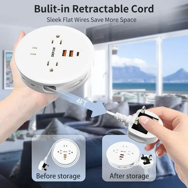Alt view image 3 of 7 - DEPOW UK Ireland Travel Plug Adapter, Type G Travel Converter with 3 Outlets 3 USB(1 USB C), 4FT Extension Cord, Power Adapter for US to UK Ireland Scotland for Travel, Cruise, Dorm Essentials, White
