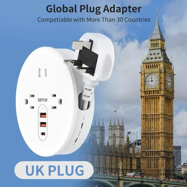 Alt view image 4 of 7 - DEPOW UK Ireland Travel Plug Adapter, Type G Travel Converter with 3 Outlets 3 USB(1 USB C), 4FT Extension Cord, Power Adapter for US to UK Ireland Scotland for Travel, Cruise, Dorm Essentials, White