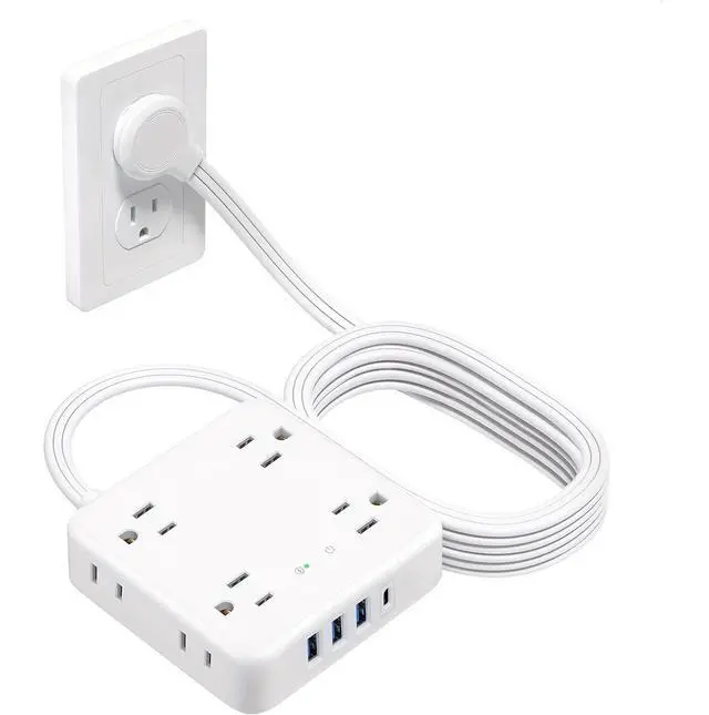 Main image of HOPOW Flat Plug Power Strip, 5 Ft Ultra Thin Flat Extension Cord with 8 Outlets 4 USB Ports (1 USB C), 1440 J Surge Protector, Wall Mount for Office Home, White
