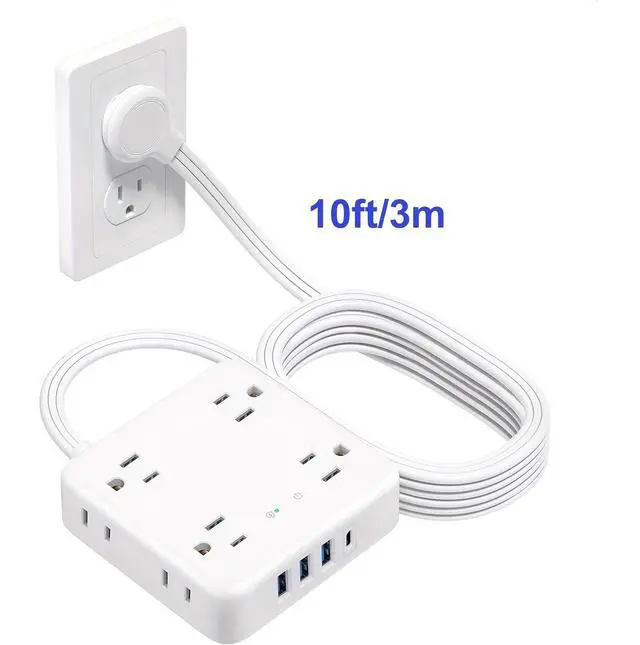 Main image of HOPOW Power Strip Surge Protector -10 ft Flat Plug Extension Cord with 8 Outlets & 4 USB Ports (1 USB C), 1440 Joules, Wall Mount, Desk Charging Station for Home Office Dorm, White
