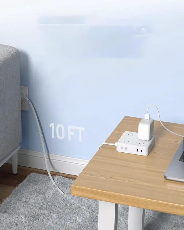 Alt view image 3 of 5 - HOPOW Power Strip Surge Protector -10 ft Flat Plug Extension Cord with 8 Outlets & 4 USB Ports (1 USB C), 1440 Joules, Wall Mount, Desk Charging Station for Home Office Dorm, White