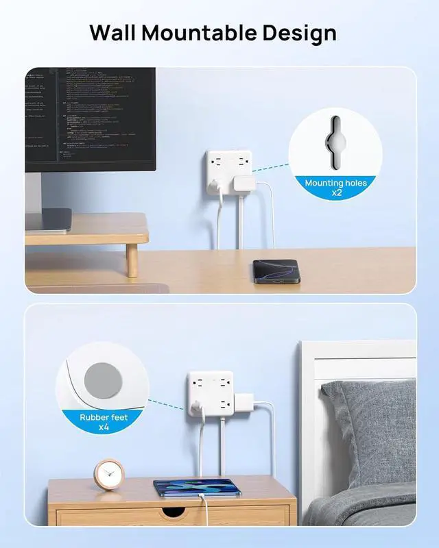 Alt view image 5 of 5 - HOPOW Power Strip Surge Protector -10 ft Flat Plug Extension Cord with 8 Outlets & 4 USB Ports (1 USB C), 1440 Joules, Wall Mount, Desk Charging Station for Home Office Dorm, White