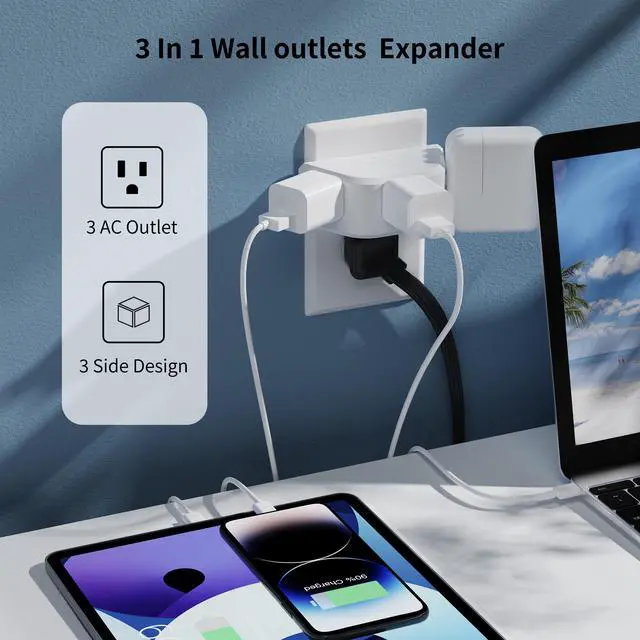 Alt view image 3 of 7 - DEPOW Multi Plug Outlet Extender 2 Pack, Outlet Splitter for Bathroom, No Blocking with 3 Way Angled Design, Cruise Essentials, Small Multiple Plug Adapter for Kitchen Office, White