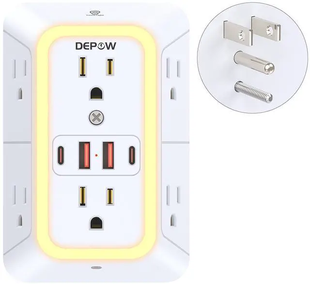 Main image of Wall Outlet Extender with Night Light, Power Plug Adapter Multi Plug Outlet Surge Protector with 4 USB Charging Ports (2 USB C), Adapter Spaced Outlets for Home Travel Office-ETL