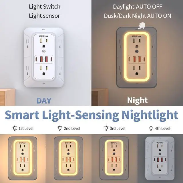Alt view image 2 of 7 - Wall Outlet Extender with Night Light, Power Plug Adapter Multi Plug Outlet Surge Protector with 4 USB Charging Ports (2 USB C), Adapter Spaced Outlets for Home Travel Office-ETL
