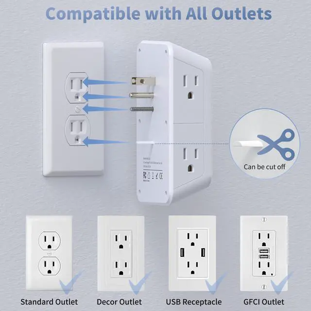 Alt view image 6 of 7 - Wall Outlet Extender with Night Light, Power Plug Adapter Multi Plug Outlet Surge Protector with 4 USB Charging Ports (2 USB C), Adapter Spaced Outlets for Home Travel Office-ETL
