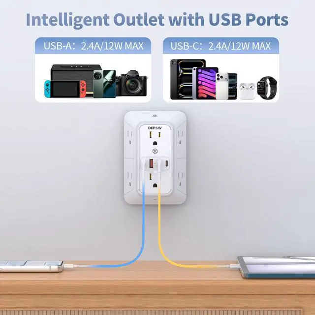 Alt view image 4 of 7 - Wall Outlet Extender with Night Light, Power Plug Adapter Multi Plug Outlet Surge Protector with 4 USB Charging Ports (2 USB C), Adapter Spaced Outlets for Home Travel Office-ETL