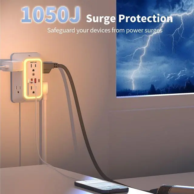 Alt view image 7 of 7 - Wall Outlet Extender with Night Light, Power Plug Adapter Multi Plug Outlet Surge Protector with 4 USB Charging Ports (2 USB C), Adapter Spaced Outlets for Home Travel Office-ETL