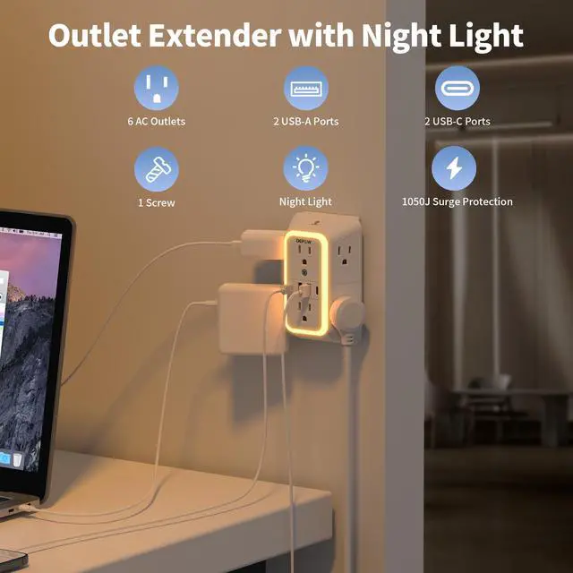 Alt view image 3 of 7 - Wall Outlet Extender with Night Light, Power Plug Adapter Multi Plug Outlet Surge Protector with 4 USB Charging Ports (2 USB C), Adapter Spaced Outlets for Home Travel Office-ETL