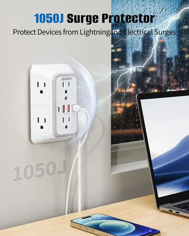Alt view image 5 of 7 - DEPOW Multi Plug Outlet Surge Protector, Wall Charger with 6 Outlet Splitter with 4 USB Ports(PD 20W), 3-Sided 1050J Surge Protector Power Strip for Home Office Dorm Room Essentials-ETL