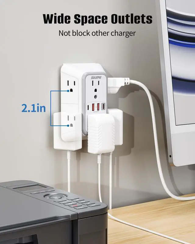 Alt view image 6 of 7 - DEPOW Multi Plug Outlet Surge Protector, Wall Charger with 6 Outlet Splitter with 4 USB Ports(PD 20W), 3-Sided 1050J Surge Protector Power Strip for Home Office Dorm Room Essentials-ETL