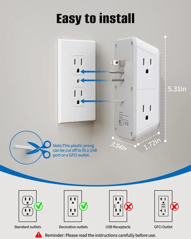 Alt view image 7 of 7 - DEPOW Multi Plug Outlet Surge Protector, Wall Charger with 6 Outlet Splitter with 4 USB Ports(PD 20W), 3-Sided 1050J Surge Protector Power Strip for Home Office Dorm Room Essentials-ETL