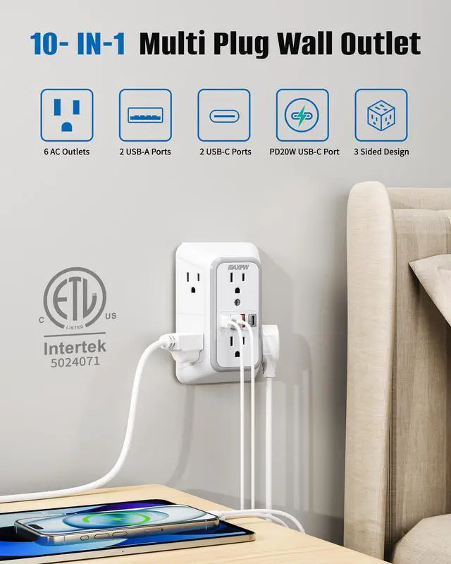 Alt view image 2 of 7 - DEPOW Multi Plug Outlet Surge Protector, Wall Charger with 6 Outlet Splitter with 4 USB Ports(PD 20W), 3-Sided 1050J Surge Protector Power Strip for Home Office Dorm Room Essentials-ETL