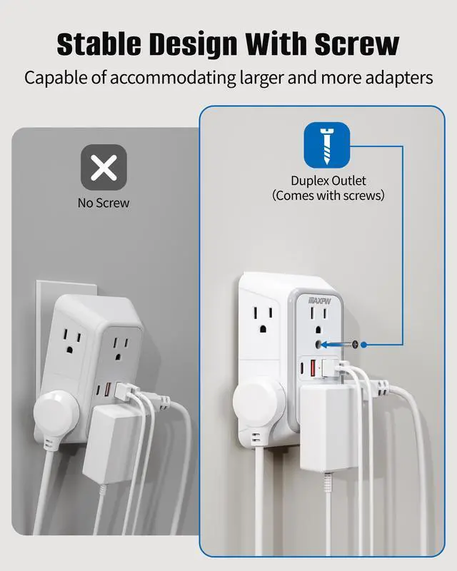 Alt view image 3 of 7 - DEPOW Multi Plug Outlet Surge Protector, Wall Charger with 6 Outlet Splitter with 4 USB Ports(PD 20W), 3-Sided 1050J Surge Protector Power Strip for Home Office Dorm Room Essentials-ETL
