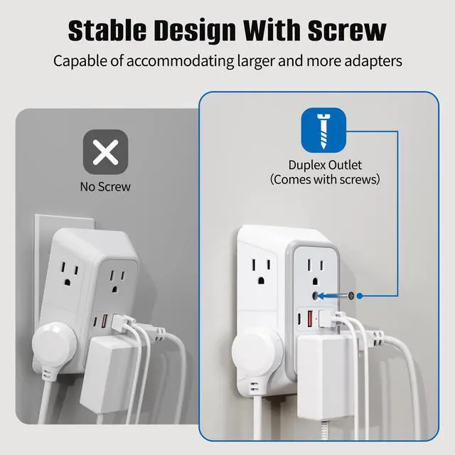 Alt view image 3 of 7 - DEPOW 2pack Wall Charger 6 AC Outlet Extender with 4 USB Charging Ports(2 USB C), 3-Sided Power Strip Multi Plug Wall Outlet Splitter Adapter Spaced for Home Office Dorm,White-2pcs