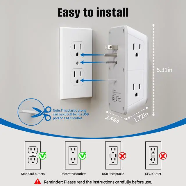 Alt view image 7 of 7 - DEPOW 2pack Wall Charger 6 AC Outlet Extender with 4 USB Charging Ports(2 USB C), 3-Sided Power Strip Multi Plug Wall Outlet Splitter Adapter Spaced for Home Office Dorm,White-2pcs