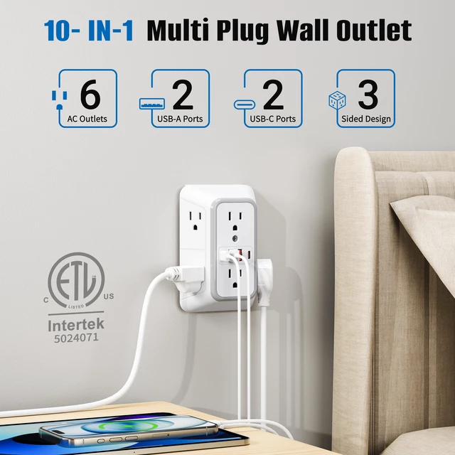 Alt view image 2 of 7 - DEPOW 2pack Wall Charger 6 AC Outlet Extender with 4 USB Charging Ports(2 USB C), 3-Sided Power Strip Multi Plug Wall Outlet Splitter Adapter Spaced for Home Office Dorm,White-2pcs