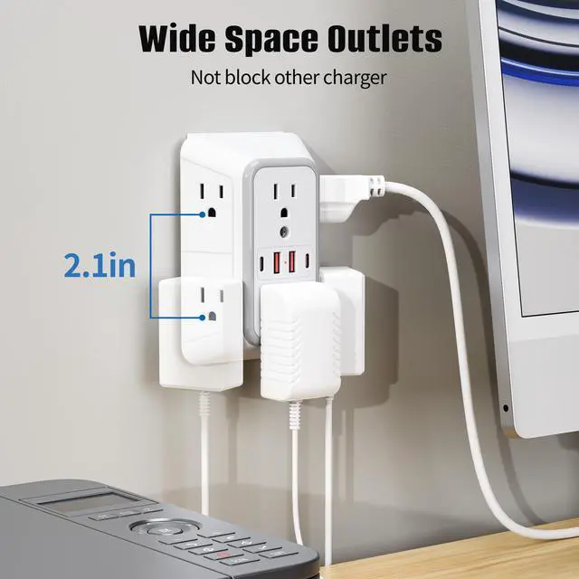 Alt view image 6 of 7 - DEPOW 2pack Wall Charger 6 AC Outlet Extender with 4 USB Charging Ports(2 USB C), 3-Sided Power Strip Multi Plug Wall Outlet Splitter Adapter Spaced for Home Office Dorm,White-2pcs