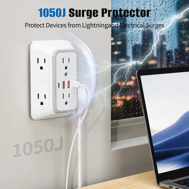 Alt view image 5 of 7 - DEPOW 2pack Wall Charger 6 AC Outlet Extender with 4 USB Charging Ports(2 USB C), 3-Sided Power Strip Multi Plug Wall Outlet Splitter Adapter Spaced for Home Office Dorm,White-2pcs