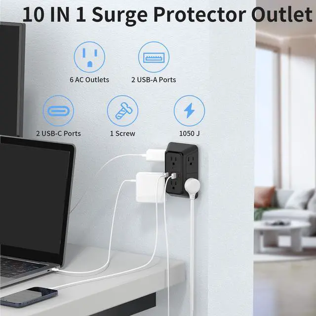 Alt view image 2 of 7 - DEPOW Wall Charger 6 AC Outlet Extender with 4 USB Charging Ports(2 USB C), 3-Sided Power Strip Multi Plug Wall Outlet Splitter Adapter Spaced for Home Office Dorm, Black