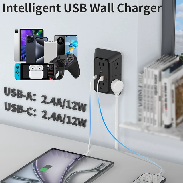 Alt view image 3 of 7 - DEPOW Wall Charger 6 AC Outlet Extender with 4 USB Charging Ports(2 USB C), 3-Sided Power Strip Multi Plug Wall Outlet Splitter Adapter Spaced for Home Office Dorm, Black