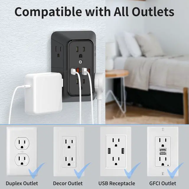 Alt view image 6 of 7 - DEPOW Wall Charger 6 AC Outlet Extender with 4 USB Charging Ports(2 USB C), 3-Sided Power Strip Multi Plug Wall Outlet Splitter Adapter Spaced for Home Office Dorm, Black