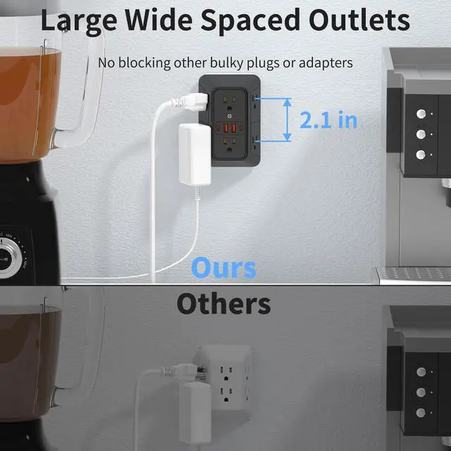 Alt view image 4 of 7 - DEPOW Wall Charger 6 AC Outlet Extender with 4 USB Charging Ports(2 USB C), 3-Sided Power Strip Multi Plug Wall Outlet Splitter Adapter Spaced for Home Office Dorm, Black