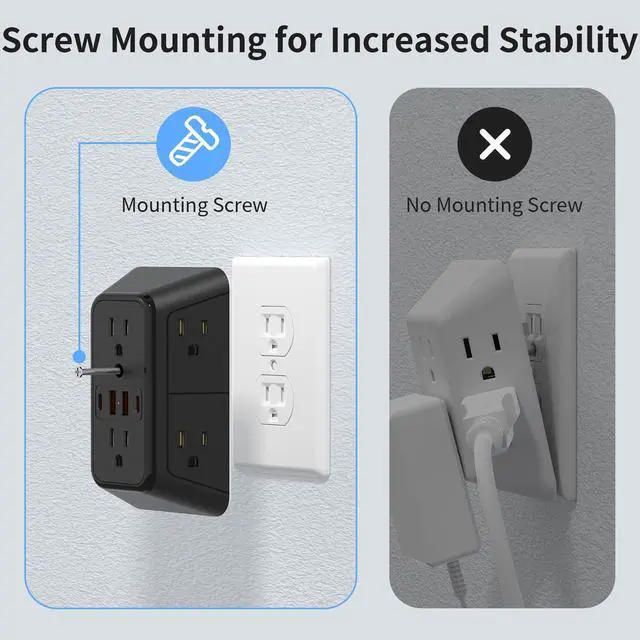 Alt view image 5 of 7 - DEPOW Wall Charger 6 AC Outlet Extender with 4 USB Charging Ports(2 USB C), 3-Sided Power Strip Multi Plug Wall Outlet Splitter Adapter Spaced for Home Office Dorm, Black