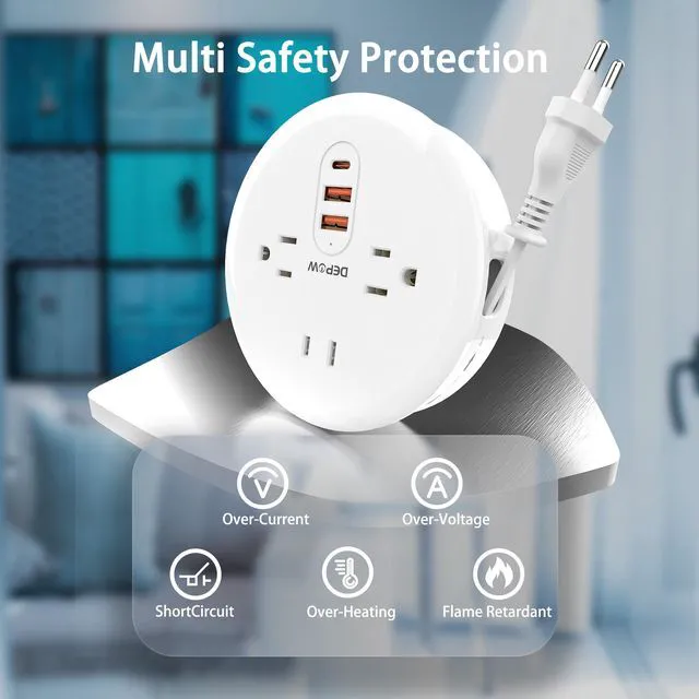 Alt view image 6 of 7 - European Travel Plug Adapter, European Power Strip with 3 AC Outlets 1 USB-C and 2 USB-A Ports, Europe to US Plug Adapter Type C for EU Germany France Spain Italy Travel (4ft)