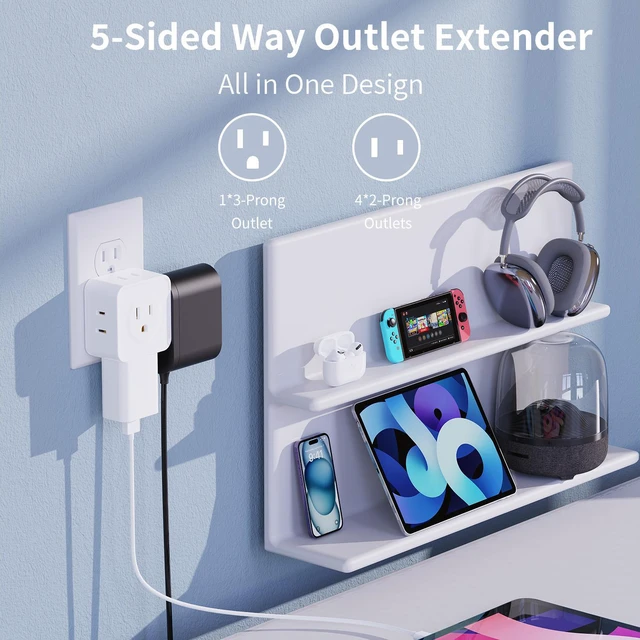 Alt view image 2 of 6 - DEPOW 5-Sided Way Outlet Splitter, 2 Pack Multi Plug Outlet Extender, 3 Prong Flat Wall Plug Extender, Small Electrical Outlet Expander for Cruise Ship, Travel, Home, Office, Dorm Essentials 2pcs