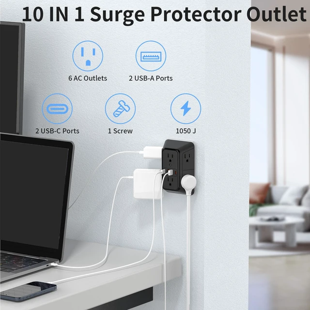 Alt view image 2 of 7 - 2 Pack Multi Plug Wall Outlet Extender Surge Protector 6 AC Outlet Splitter with 4 USB Ports(2 USB C) Wall Charger 1050J Power Strip 125V/15A, 1875W for Home, Office, Travel Dorm Room Essentials-ETL