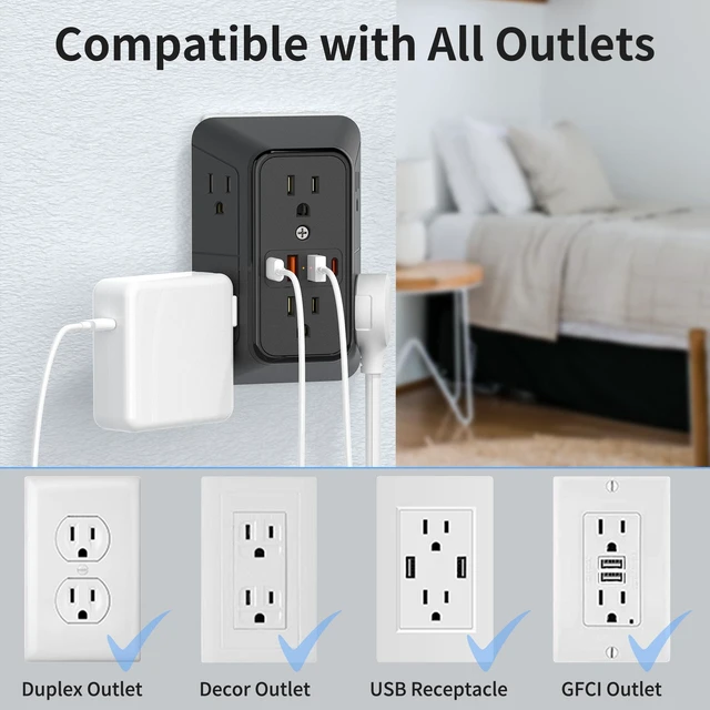 Alt view image 6 of 7 - 2 Pack Multi Plug Wall Outlet Extender Surge Protector 6 AC Outlet Splitter with 4 USB Ports(2 USB C) Wall Charger 1050J Power Strip 125V/15A, 1875W for Home, Office, Travel Dorm Room Essentials-ETL