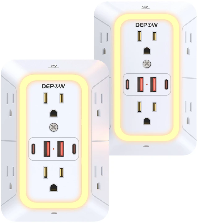 Main image of Outlet Extender with Night Light, Multi Plug Outlet Surge Protector,6 Outlet Splitter with 4 USB Outlet (2 USB A,2 USB C) 3 Sided Multi Plug Wall Adapter Power Strip for Home Travel Office 2 Pack