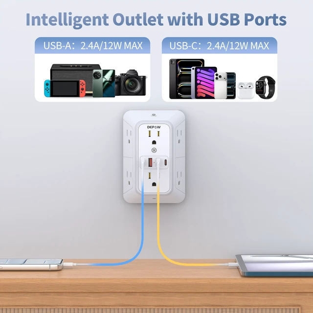 Alt view image 4 of 7 - Outlet Extender with Night Light, Multi Plug Outlet Surge Protector,6 Outlet Splitter with 4 USB Outlet (2 USB A,2 USB C) 3 Sided Multi Plug Wall Adapter Power Strip for Home Travel Office 2 Pack